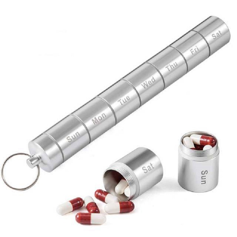 Metal Weekly Pill Box Stackable 7 Compartments Weekly Aluminium Pill Box Key Chain